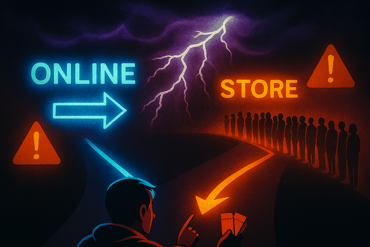 Stormy road with ONLINE vs STORE glowing signs—long queue under thunder, man deciding with tickets in hand—lightning clash of digital speed and physical struggle