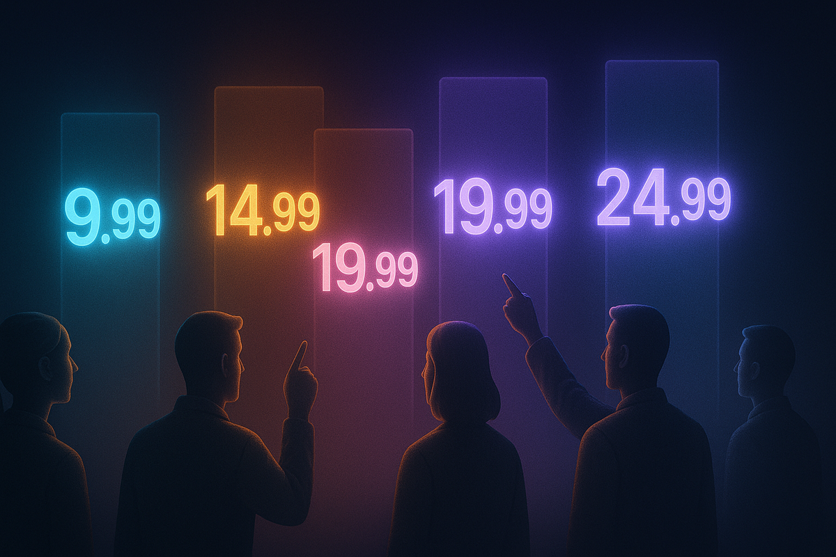 Silhouettes pointing at glowing price bars 9.99 to 24.99—tense decision moment, dramatic cost ladder, electrifying comparison of upgrade burdens