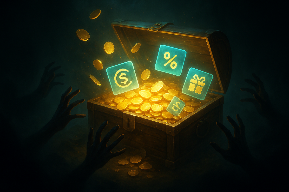 Treasure chest bursting with golden coins and neon icons for cashback, percentage, and gift—emotional jackpot imagery, dazzling reward anticipation, ultimate perks revealed