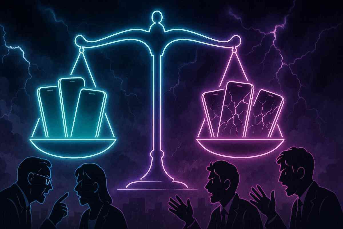 Neon justice scale with smartphones glowing blue vs pink, lightning storm in the background—fiery debate, clashing carrier trade-in programs, intense emotional showdown