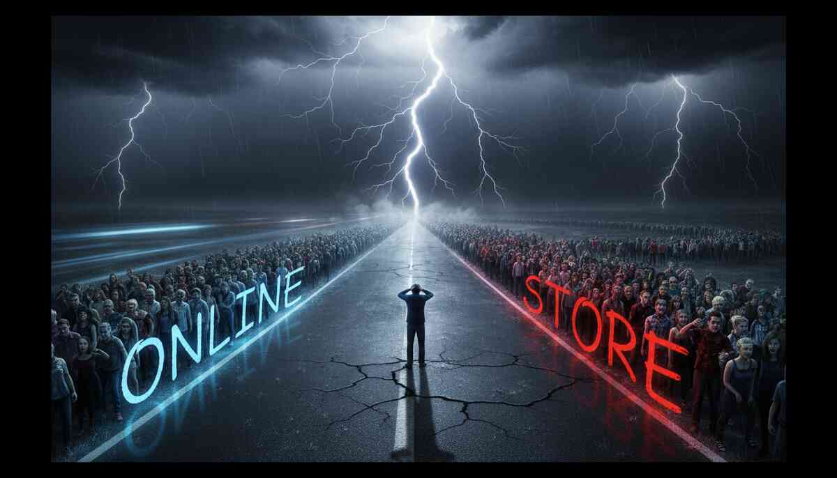 Thunder-split highway with massive crowds divided into ONLINE and STORE paths—apocalyptic tension, urgent storm energy, ultimate decision point for buyers