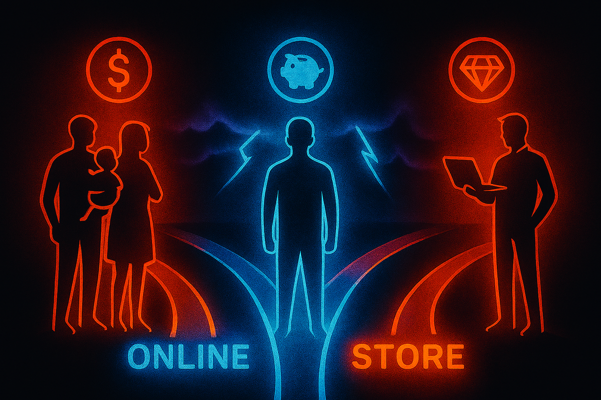 Two paths glowing ONLINE vs STORE with family, dollar sign, and diamond icons—soul-searching choice between savings and luxury, electrified destiny moment