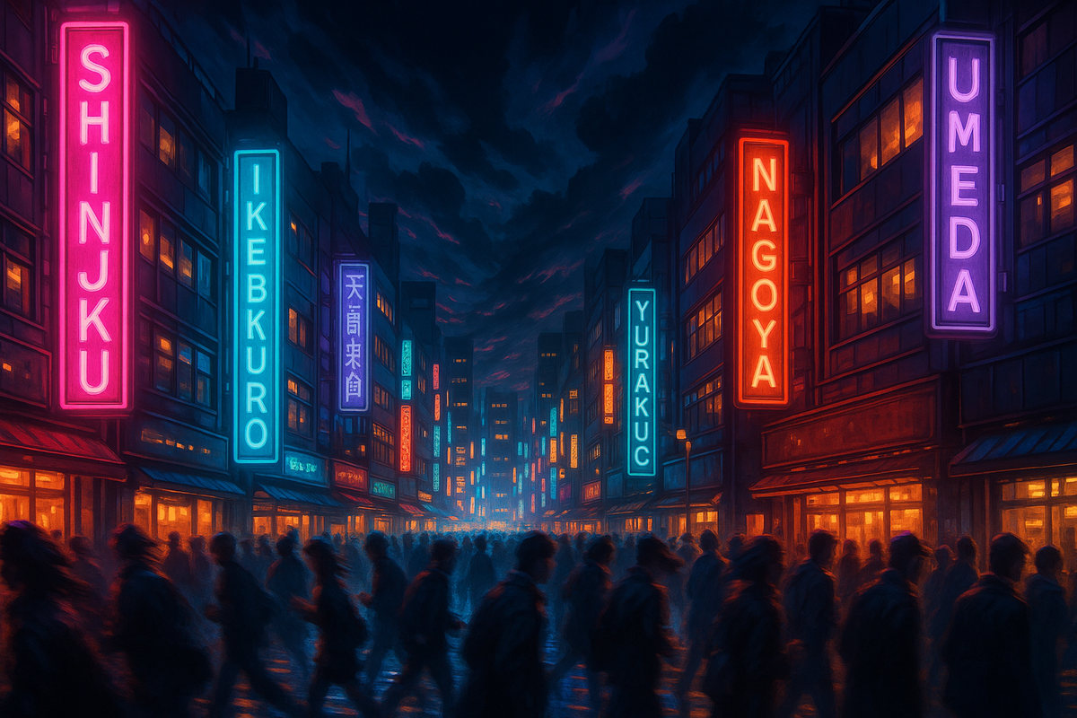 Neon city street with glowing signs SHINJUKU, IKEBUKURO, YURAKUCHO, NAGOYA, UMEDA—crowds rushing, Tokyo nightlife energy—chaotic hunt for iPhone17 availability