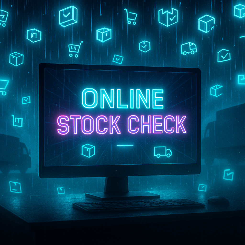 Futuristic neon monitor with words “ONLINE STOCK CHECK” glowing—digital rain of carts, boxes, trucks—tense atmosphere of checking iPhone17 inventory status