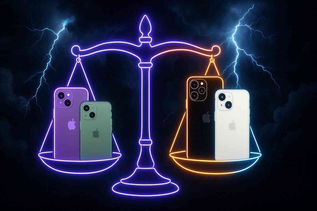 Electric neon balance scale with colorful smartphones—purple, green, black, white—thunderstorm backdrop—emotional clash comparing iPhone17 models and colors