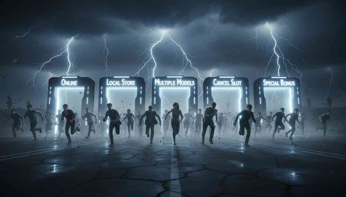 Cinematic race scene—people sprinting under lightning toward glowing gates labeled Online, Local Store, Multiple Models, Cancel Slot, Special Bonus—epic urgency