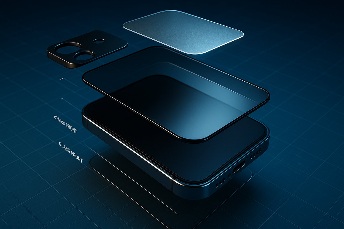 Exploded layers of an iPhone 17 display stack—ceramic-coated glass, substrate, frame, camera plate—cool blueprint vibe, precise and trustworthy, evidence-driven protection story