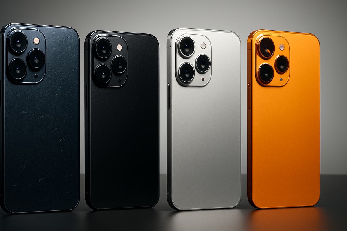 Four iPhone 17 color variants lined up—deep blue and space black showing micro-scratches, silver and cosmic orange looking clean—aha moment on color vs scratch visibility, decisive buyer insight