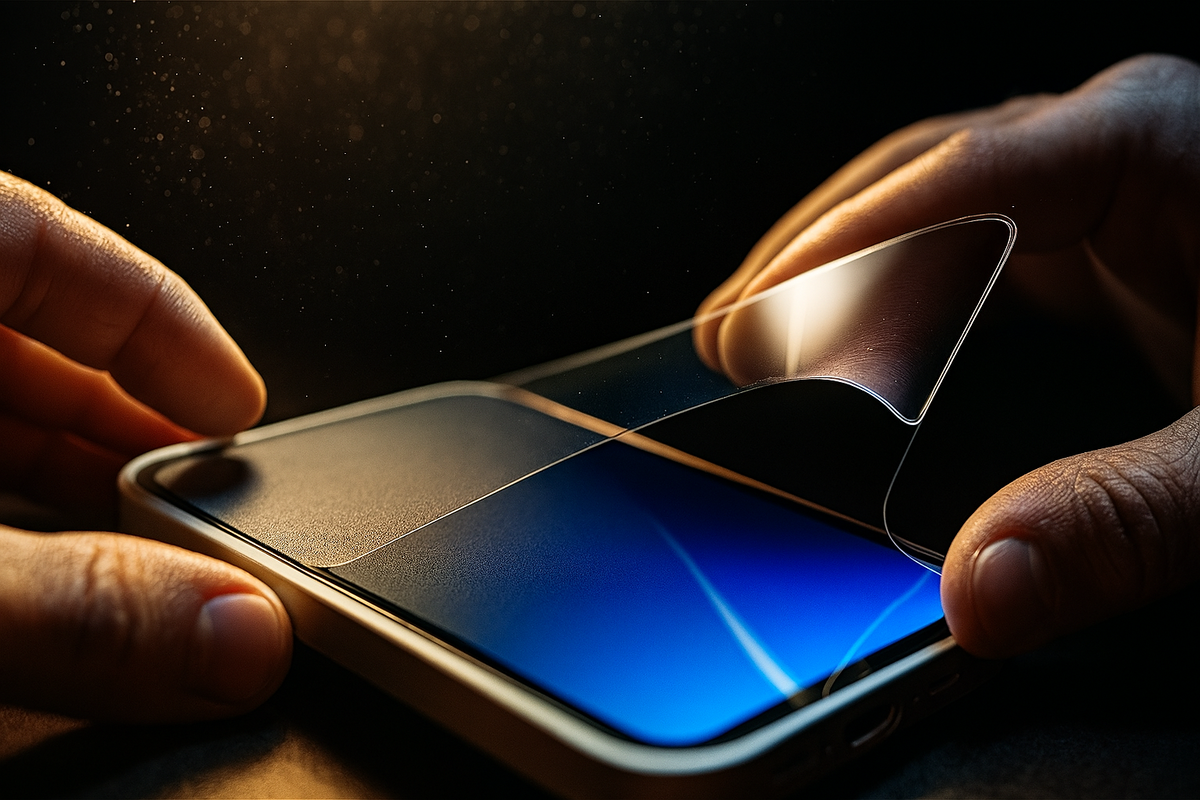Hands aligning a tempered-glass screen protector over a glowing display—dust motes in warm light, satisfying peel, calm relief—anti-glare and blue-light choices for iPhone 17