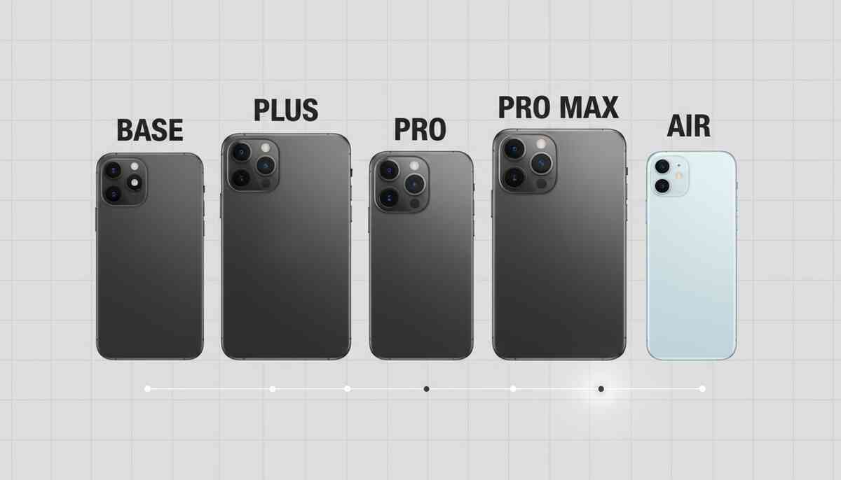Five iPhone 17 models in a clean lineup—Base, Plus, Pro, Pro Max, Air—subtle timeline dots hinting wait estimates, crisp comparison clarity, decisive buyer mood