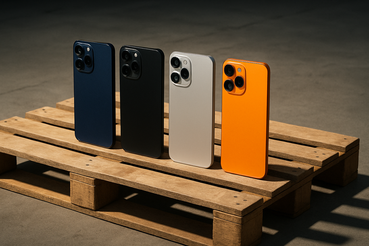 Four iPhone 17 colors on a warehouse pallet—deep blue, matte black, silver, cosmic orange—spotlight drama showing demand heat by color/capacity, hopeful sunbeam vibe