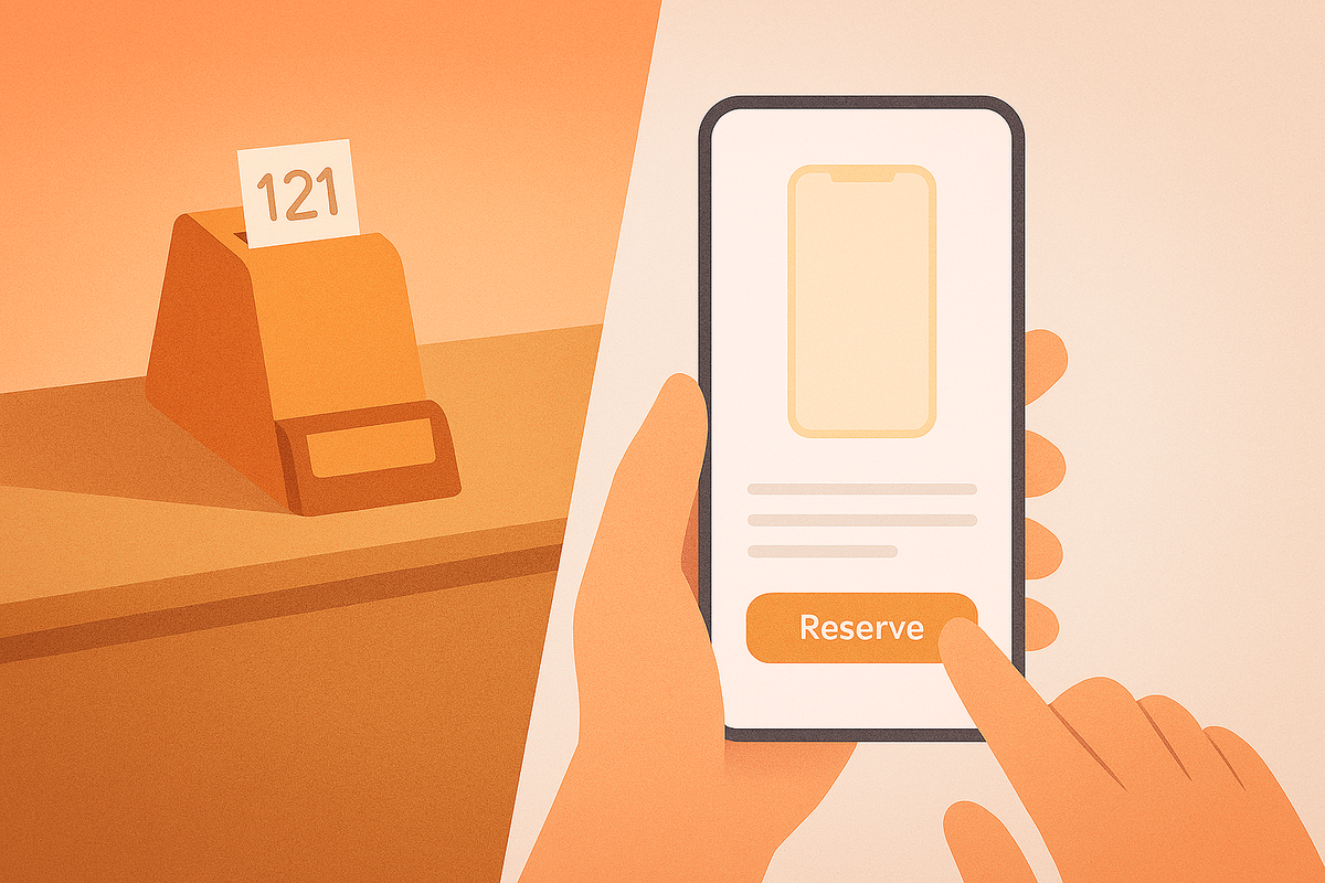 Split scene: numbered ticket at counter vs tap-to-reserve on phone—store line hustle versus calm online booking—smooth guidance, instant-relief energy
