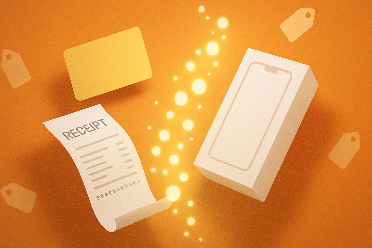 Receipt, loyalty card, and phone box with glowing reward orbs—points and promo magic during the wait—sweet cashback joy, feel-good savings momentum