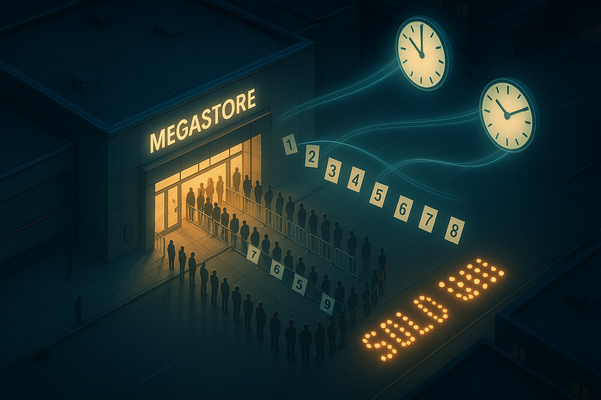 Aerial night view of a store with a winding line, ticket numbers floating and clocks racing—start time → sell-out timeline for Switch 2, thrilling countdown, decisive data vibe