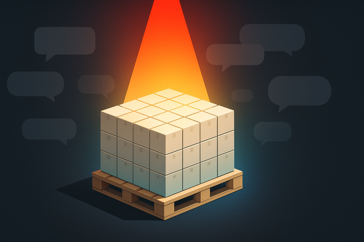 Spotlight on a full pallet of sealed console boxes with chat bubbles in the dark—rumor turns to reality, big restock buzz, electric anticipation before the rush