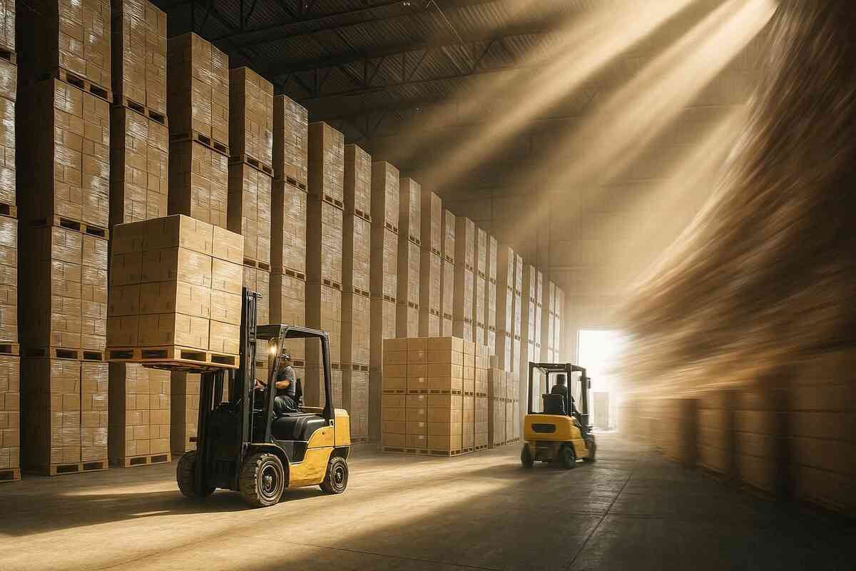 Sunbeams slicing a giant warehouse as forklifts move towers of cartons—massive inbound shipment, abundance after drought, jaw-drop “mega restock” feeling