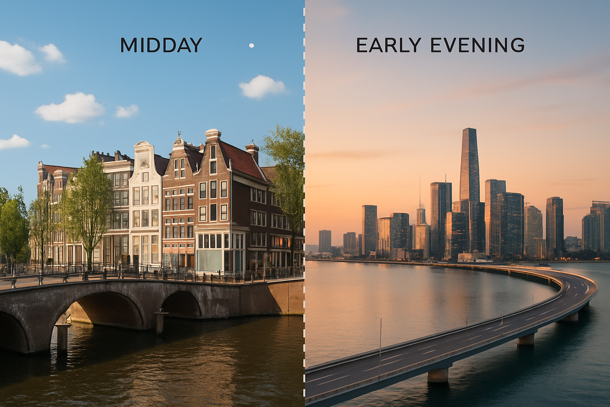 Two-city split: calm midday vs golden early evening—smart timing guide for regional stock hunts, serene patience meets lucky discovery spark