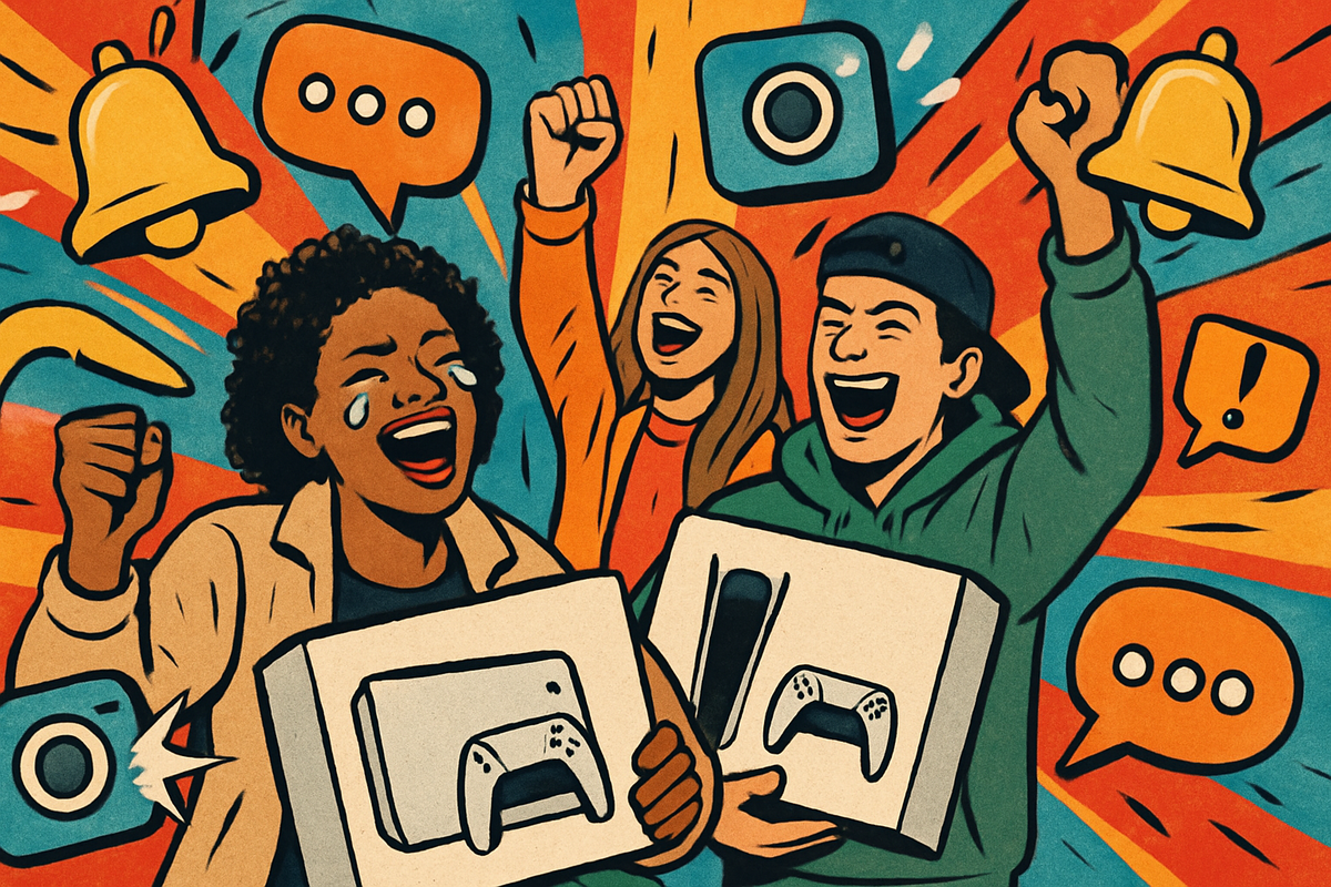 Comic-style celebration: shoppers cheering with new console boxes, bells and social icons exploding—victory posts, joyful tears, contagious win energy