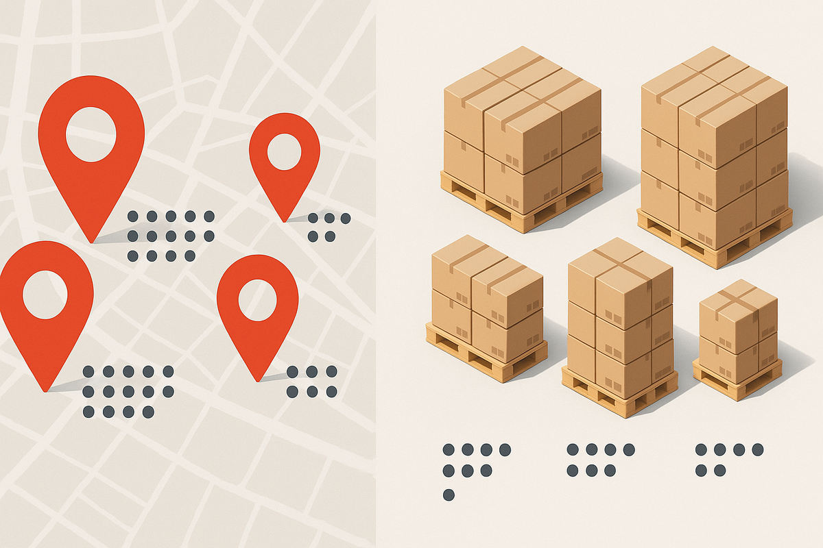 City map pins paired with pallets of boxes in graded sizes—store-by-store inventory heat at a glance, clean data-first clarity, decisive comparison vibe