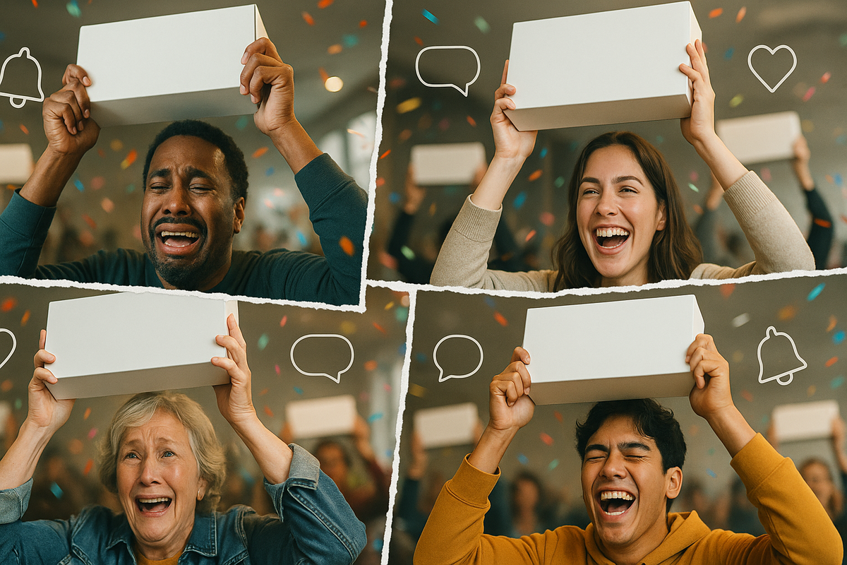 Four joyful shoppers holding plain console boxes amid confetti—tears of relief, triumphant cheers, authentic community celebration captured