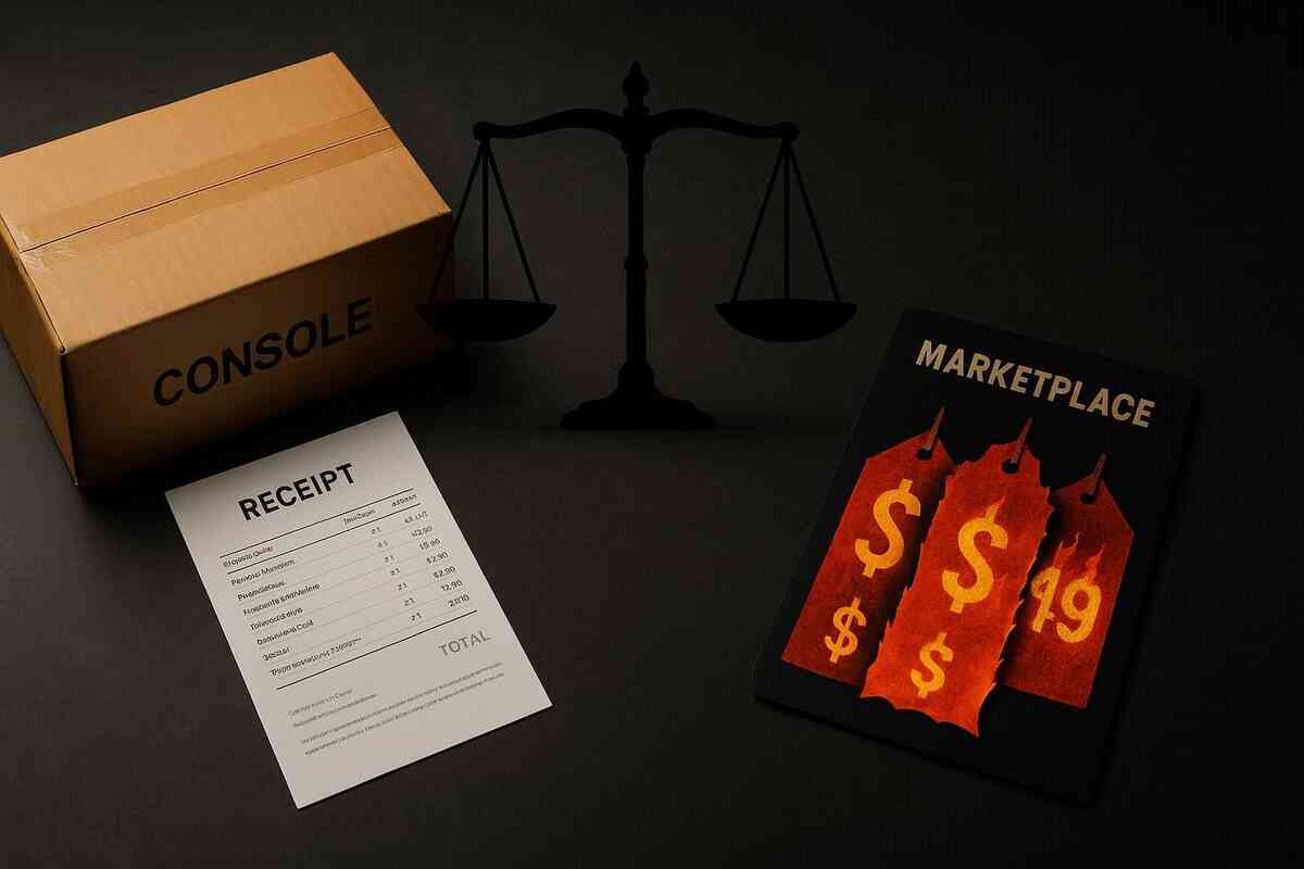 Official receipt and plain console box versus fiery marketplace price board with a balance scale silhouette—ethical clarity, price-gap reality, protect-your-wallet urgency