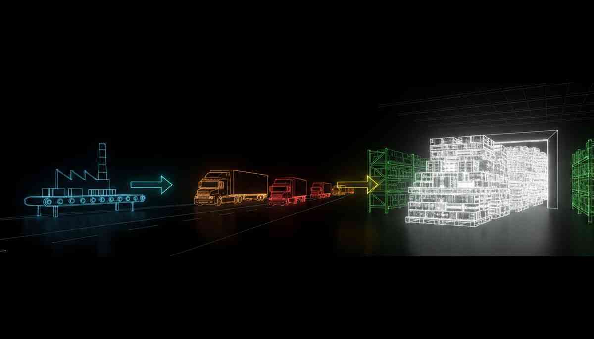 Neon line storyboard—factory conveyor → trucks on the highway → warehouse shelves overflowing—massive shipment wave explained, thrilling logistics glow