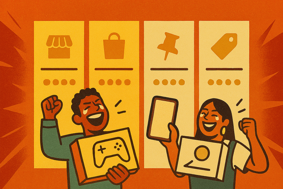 Happy buyers in front of simple comparison panels—store, cart, pin, tag icons—smart shopping confidence, actionable “choose the best deal” momentum