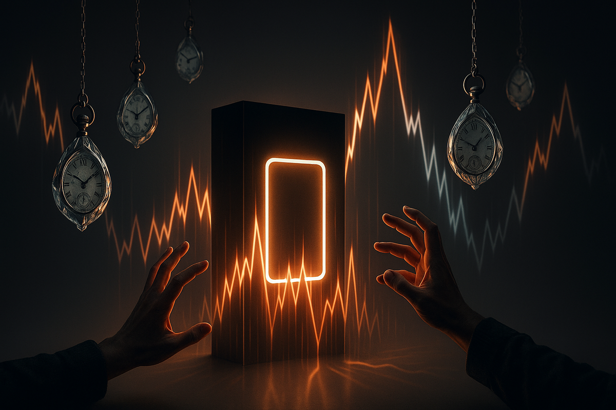 Tense hands reaching for glowing console—timepieces and heartbeat graphs hanging in suspense, urgent energy of scarcity, price surge and dramatic anticipation