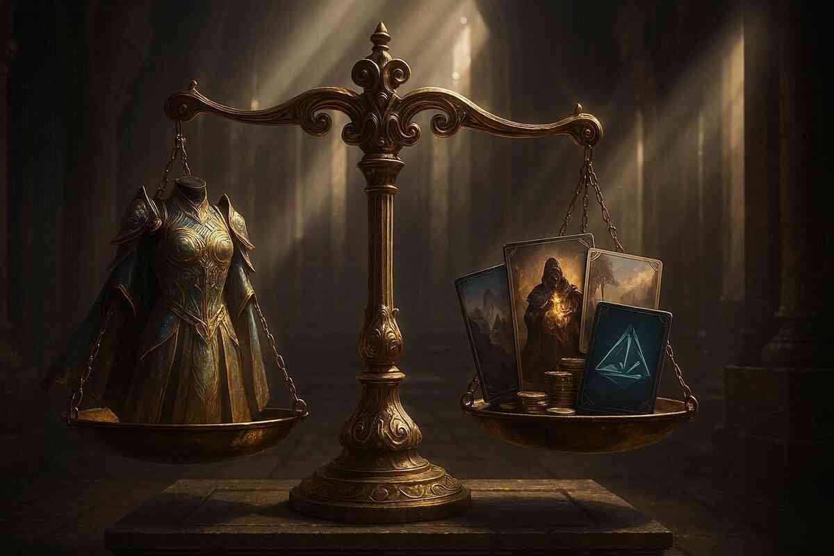 Golden scales balancing ornate armor and mystical cards—symbolic clash of value, strategy, and sacred choice, intense aura of judgment and destiny