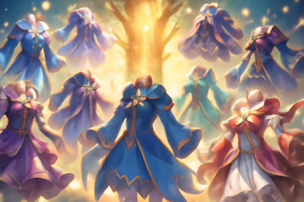 Exhilarating wardrobe showcase—nine glowing magical costumes circling a divine tree, vivid colors radiating charm, enchantment, and overwhelming delight