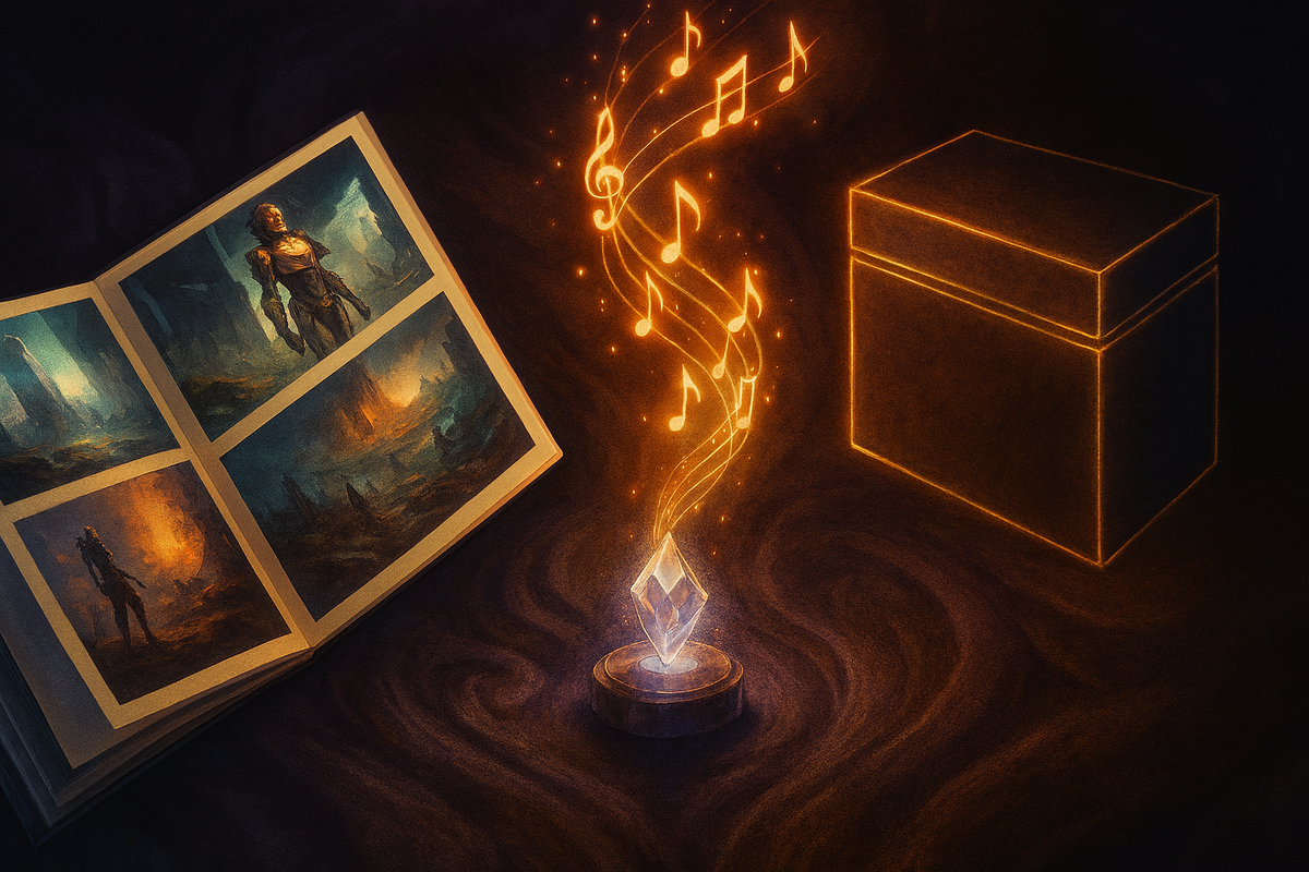 Collector’s dream—open artbook, glowing crystal with musical notes rising, and a mysterious box—emotional promise of immersion, nostalgia, and treasured memories