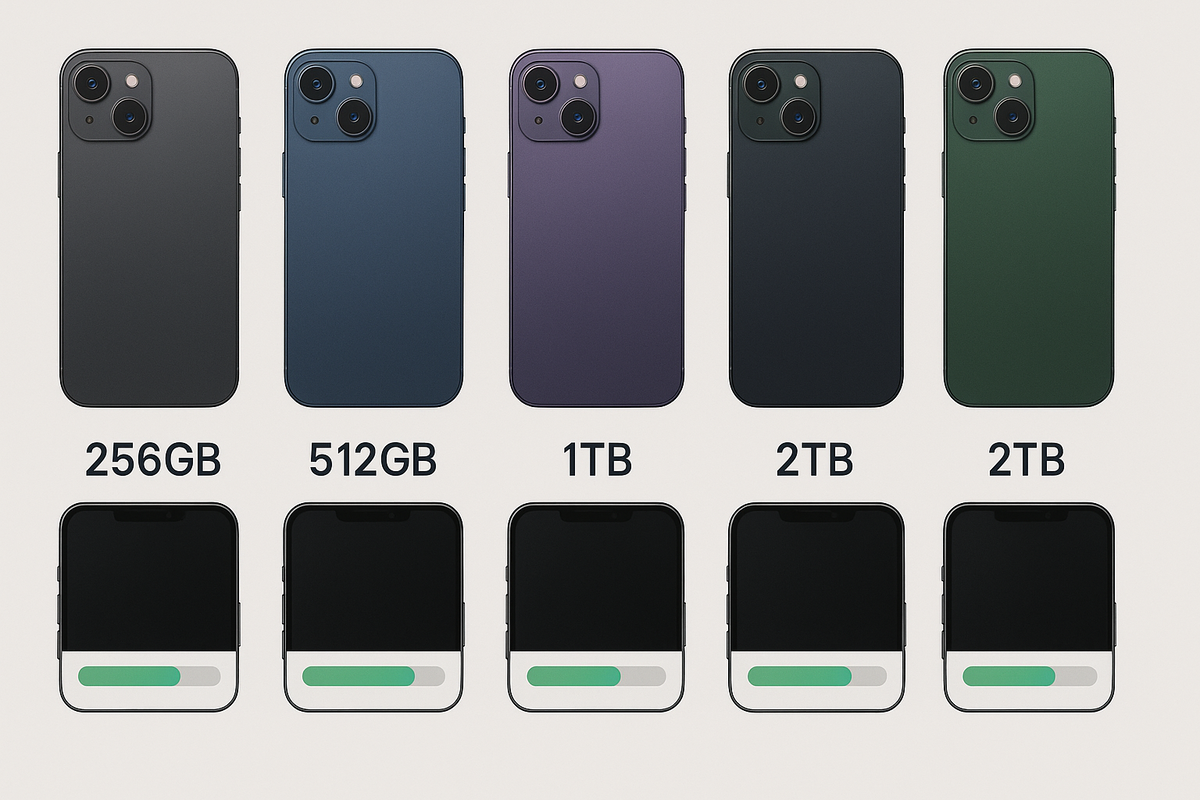 Clean comparison lineup of modern phones in cosmic colors—256GB/512GB/1TB/2TB labels with green availability bars—at-a-glance stock status by color and storage, calm yet decisive