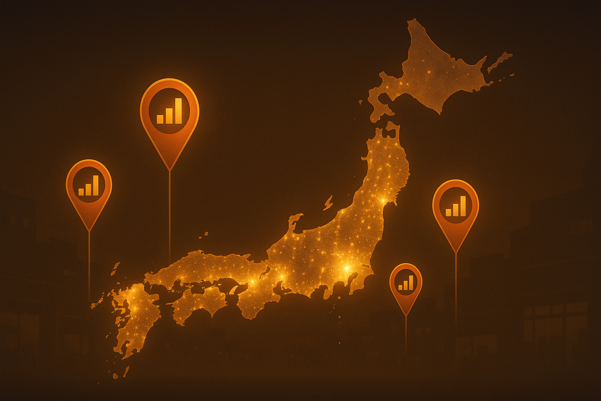 Japan night map heatmap with bright city lights and stock meter pins—regional availability pulse for major areas, hopeful pathfinding to nearby inventory, discoverable clarity