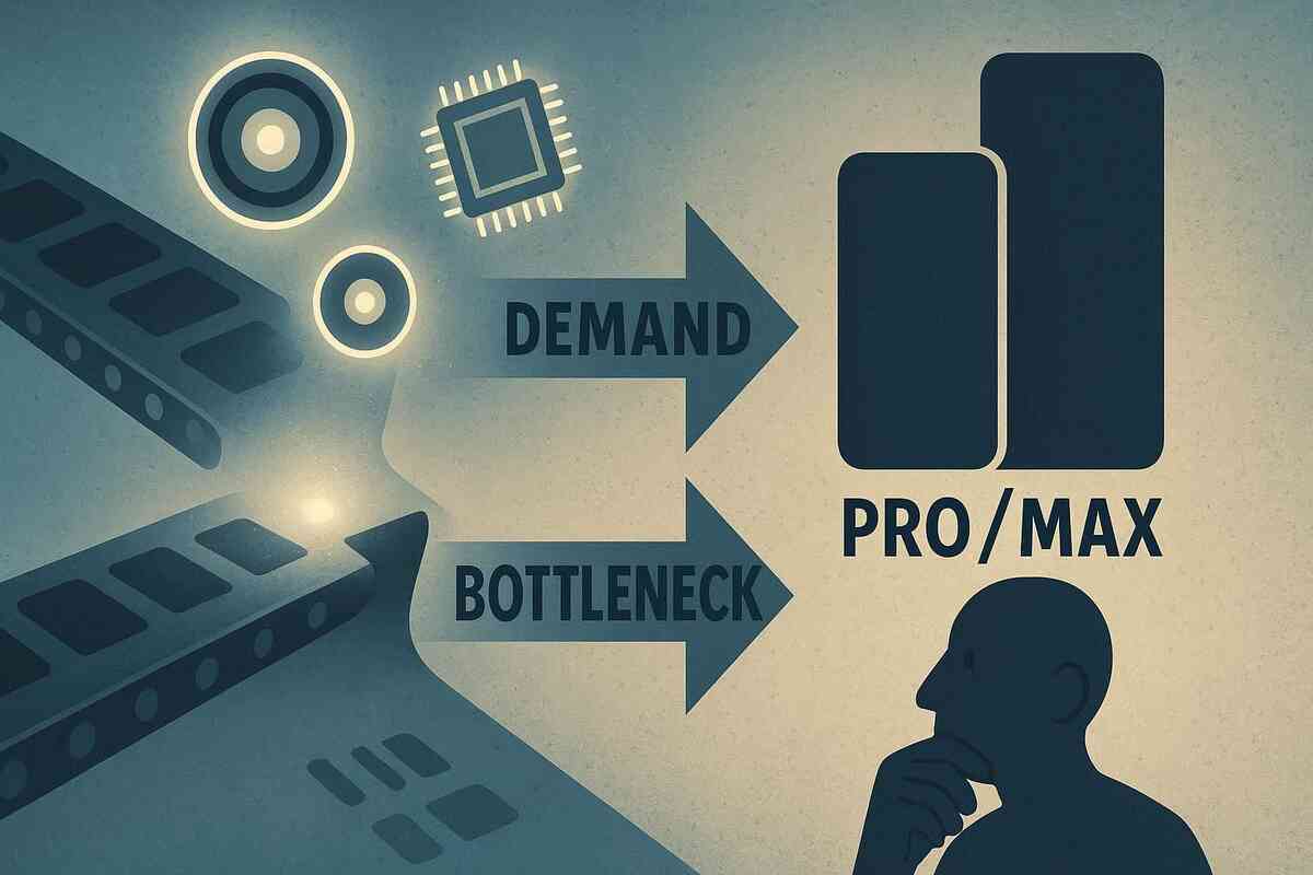 Editorial infographic—assembly line fading into component shortage, chips and lenses glowing, arrows to PRO/MAX silhouettes—cause-and-effect story of demand focus and bottlenecks