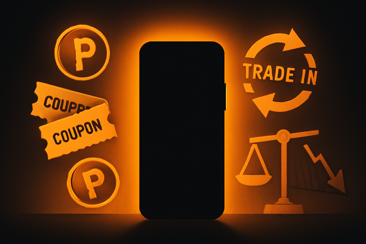 Dramatic incentive scene—minimalist phone silhouette surrounded by trade-in arrows, coupon tickets, point coins, and a tipping scale—campaign perks fueling demand and price moves