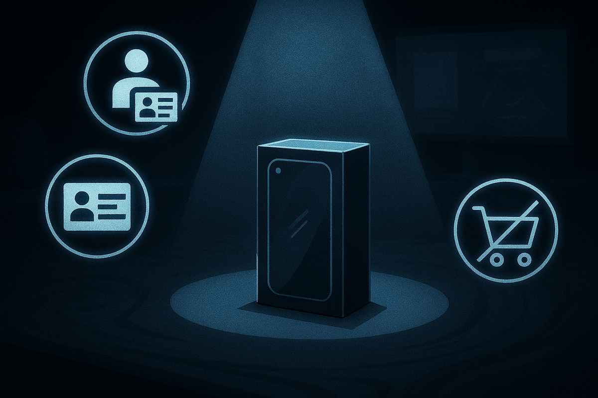 Trustworthy security visual—sealed phone box under spotlight with ID check icons and a crossed-out cart—member-only purchase rules, anti-resale safeguards, safe buying guidance
