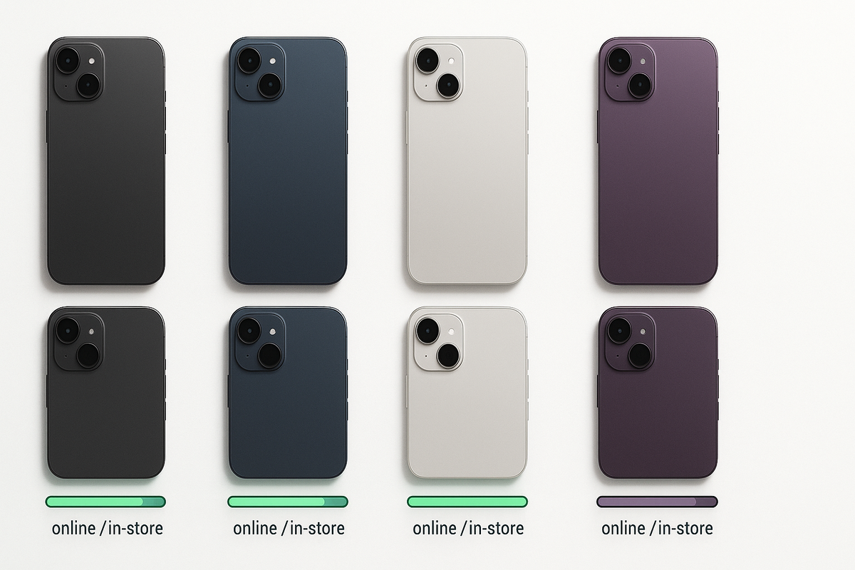 Color lineup of sleek phones with online / in-store availability bars—at-a-glance stock status by finish, calm clarity for quick, confident choices