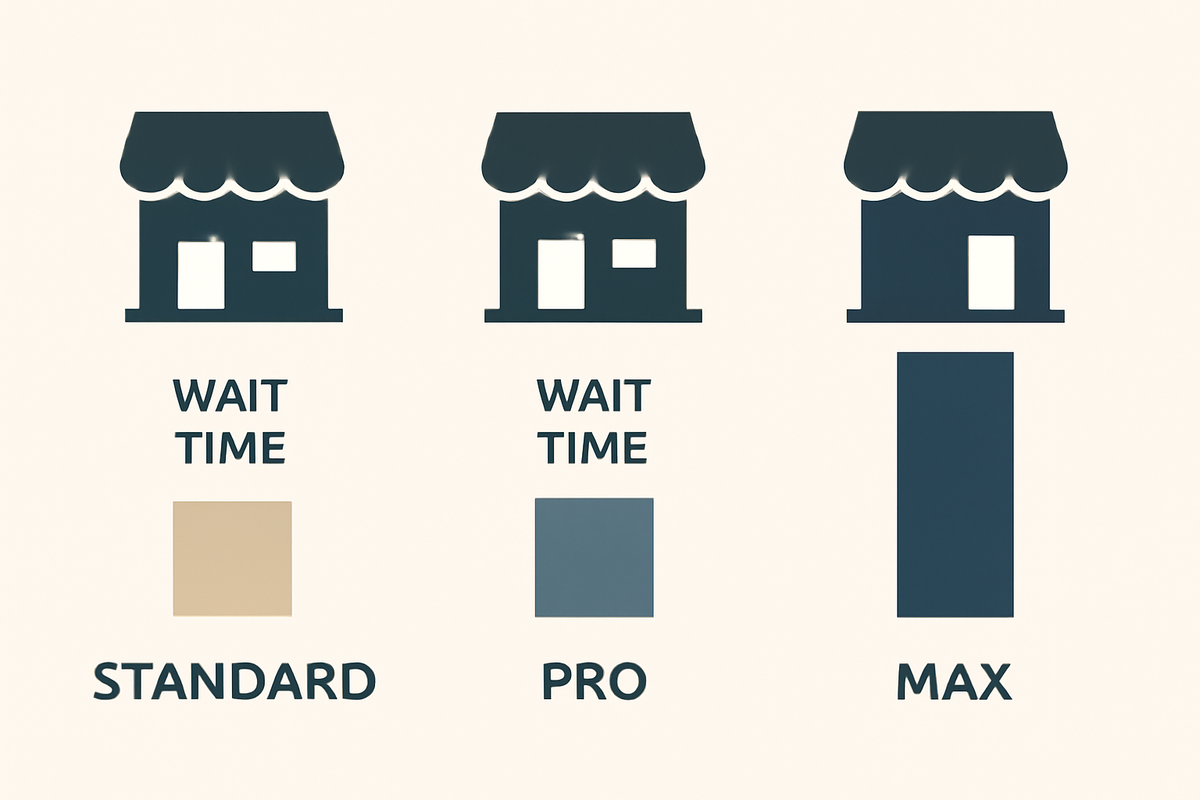 Neutral retailer comparison—three generic storefronts with wait-time bars for Standard, Pro, and Max—decisive side-by-side patience meter, no brand bias