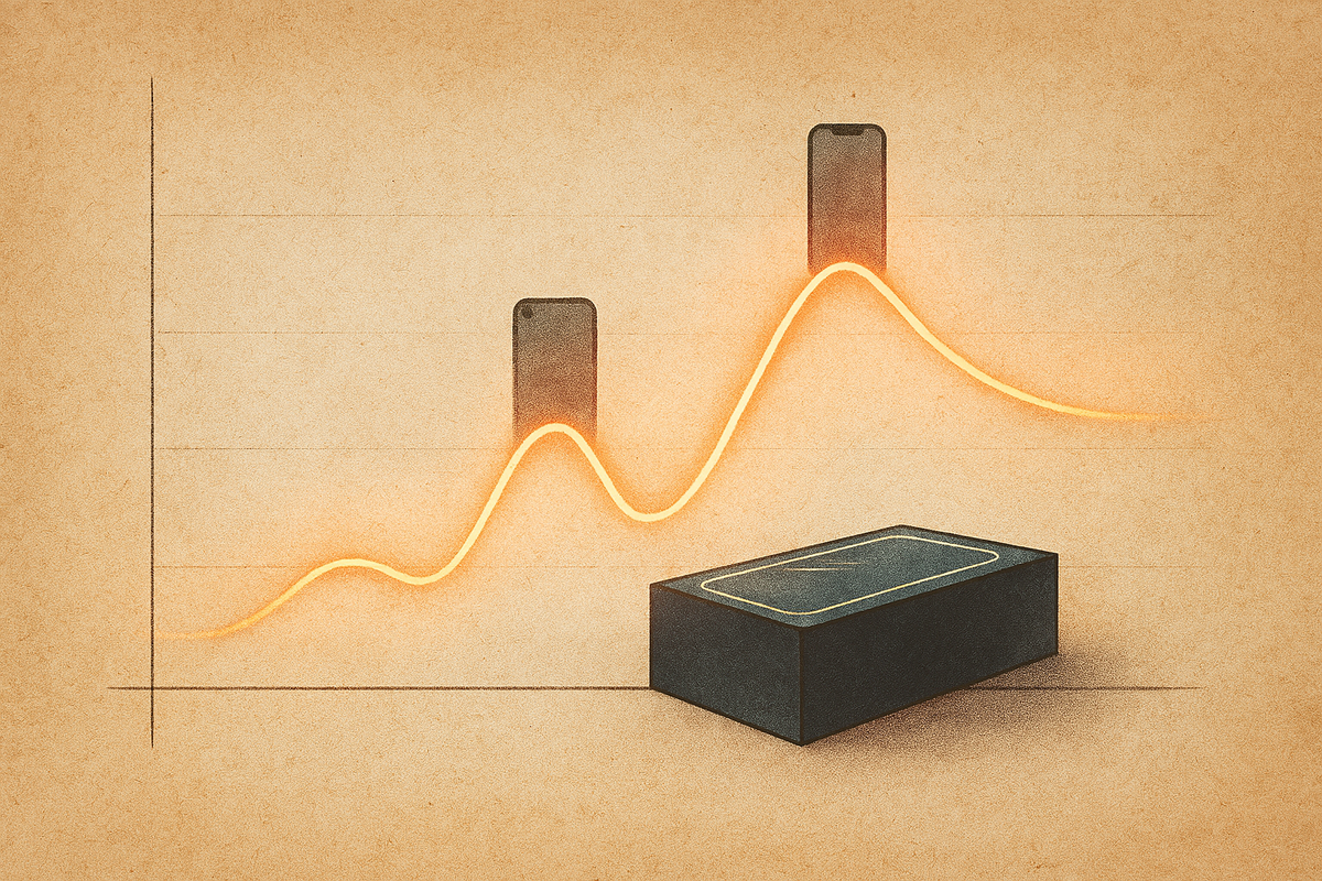 Past launch trendline—glowing demand curve with premium model spikes and a sealed phone box—data-driven nostalgia guiding today’s forecast and timing