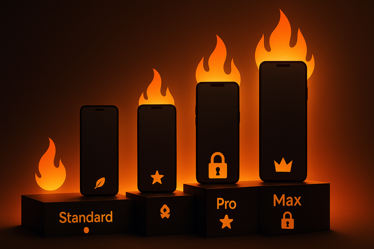 Hard-to-get ranking—four minimalist phones on a tiered podium with flames and lock icons—Standard < Air < Pro < Max—blazing difficulty ladder, hottest demand on top