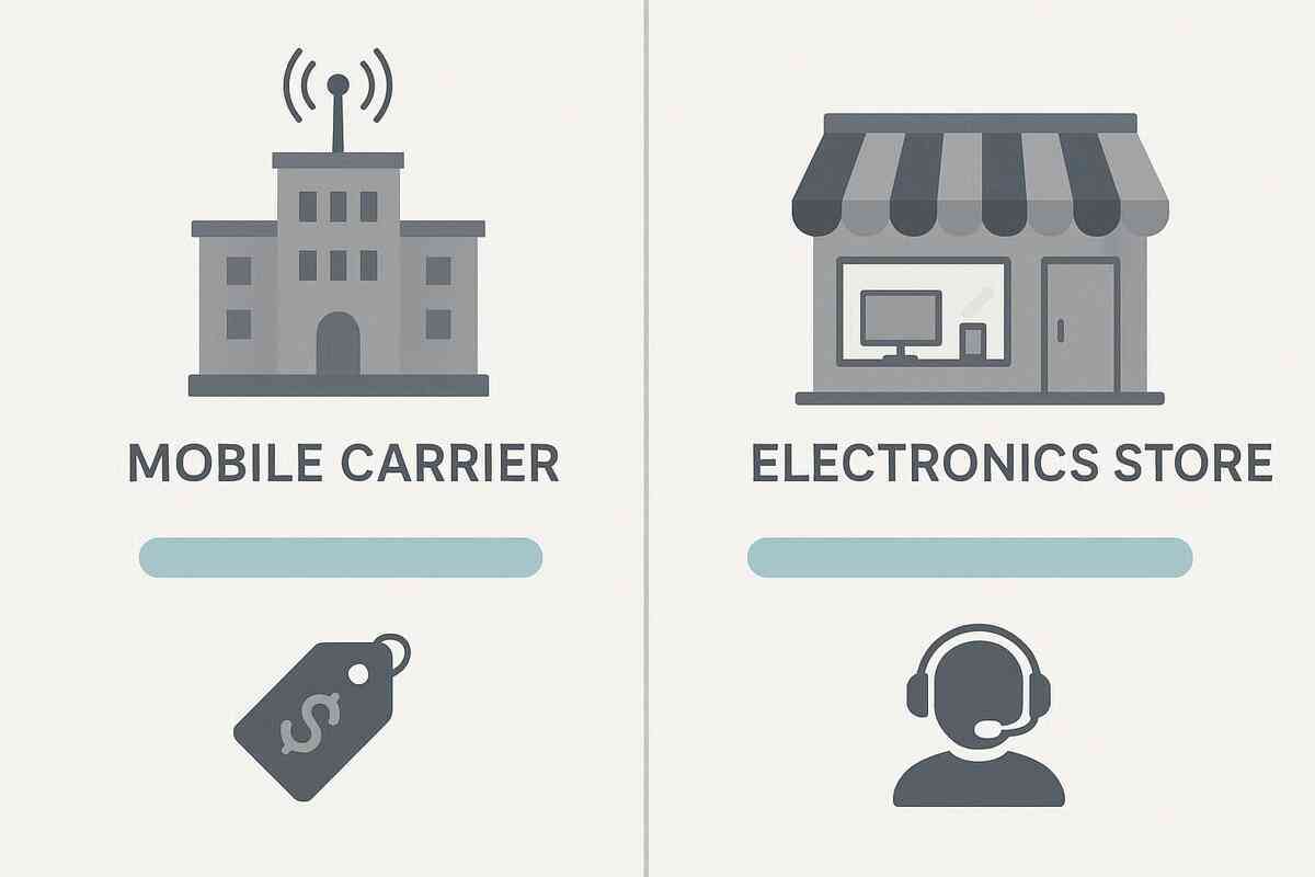 Route comparison—mobile carrier vs electronics store split screen, neutral wait-time bars, price tag and support icons—calm, no-nonsense guide to which path gets the phone sooner