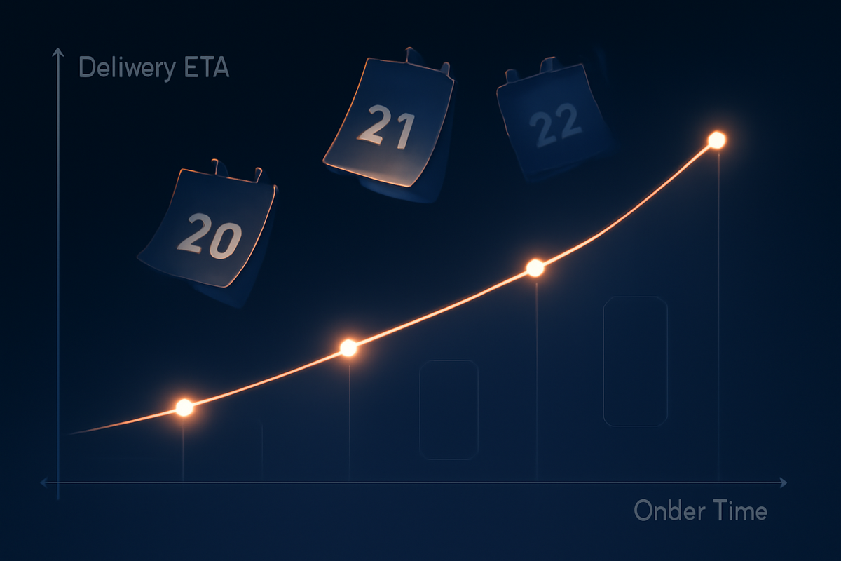 Delivery ETA timeline—glowing curve linking order minute to arrival date, floating calendar pages—data-driven proof that a few minutes shift the wait by days, urgent precision