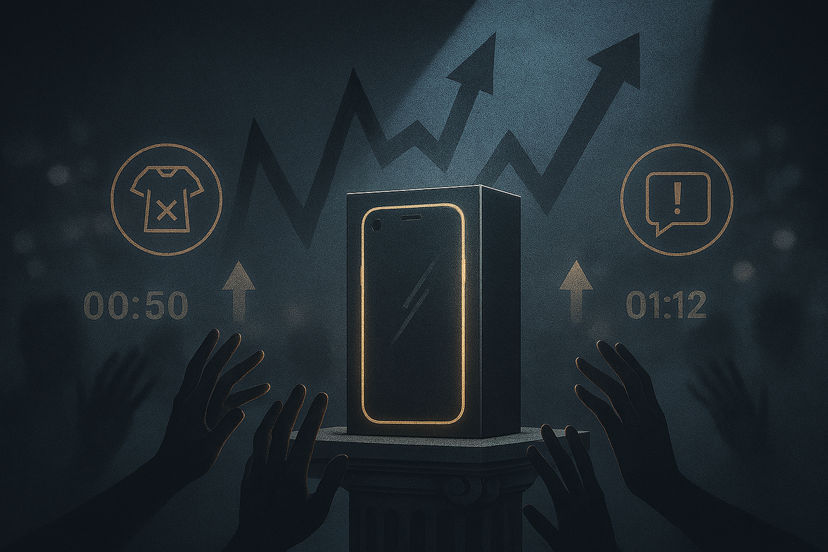 Surge alert around sealed phone box—hands reaching, sharp demand arrows, sold-out and notification pictograms—timing is everything, set alerts and move fast