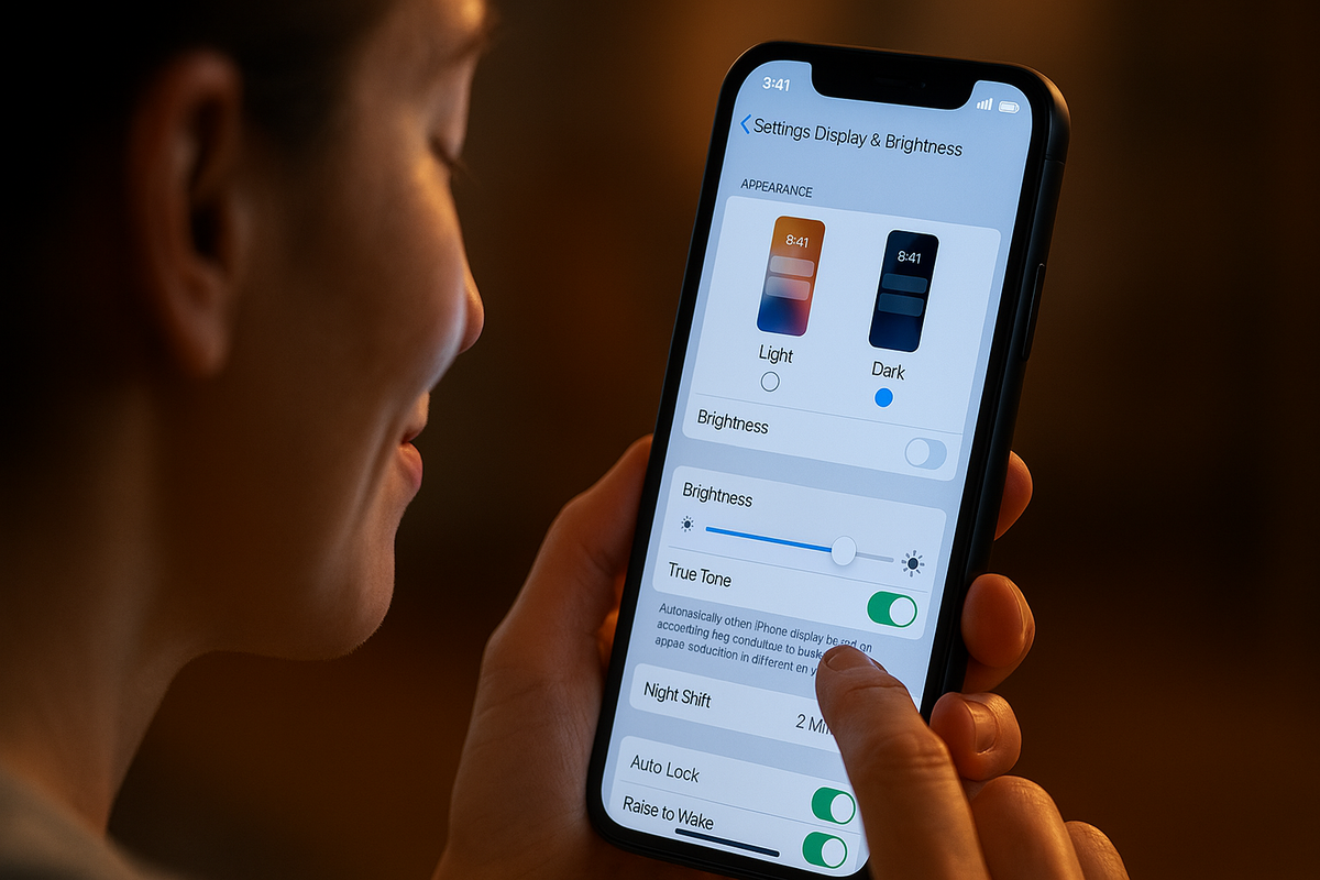 Relieved woman adjusting iPhone brightness settings—calm control, glowing interface, peaceful satisfaction of customizing screen display