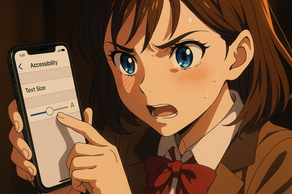 Anime-style girl sweating and fiercely pointing at iPhone Accessibility text size slider—intense determination, dramatic emotional struggle with technology