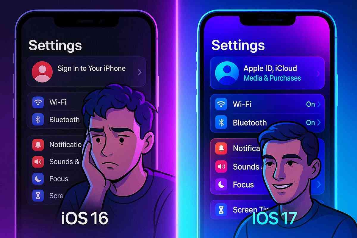 Split screen of iOS16 vs iOS17 settings—left side confused sadness, right side cheerful clarity, emotional contrast between old frustration and new joy