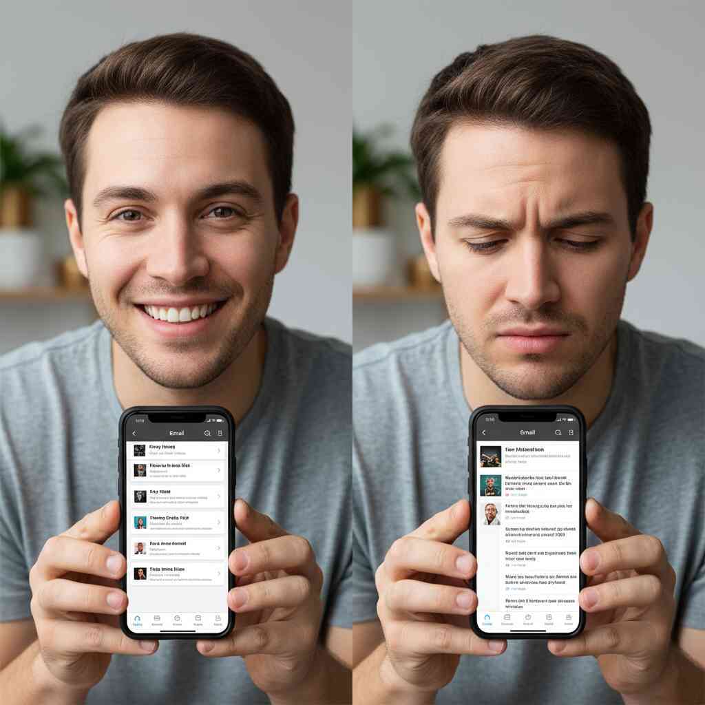 Man holding two iPhones side by side—happy relief on left with compact readable emails, strained frustration on right with oversized clutter, emotional comparison