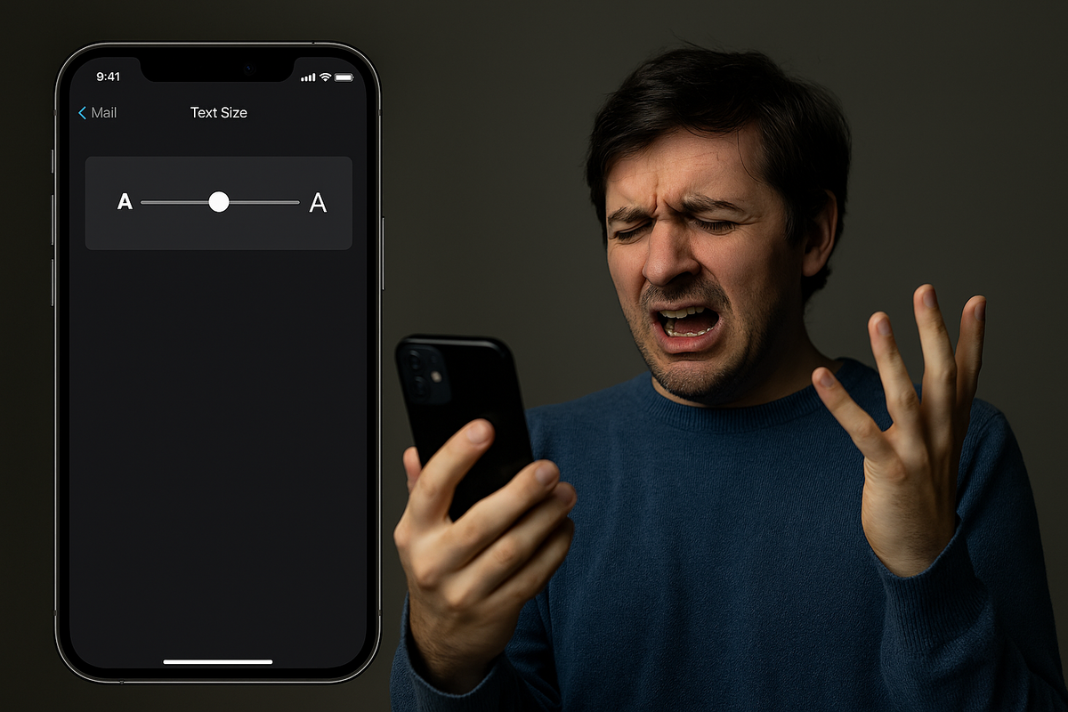 Angry man yelling at iPhone text size slider screen—emotional explosion, pure frustration with unreadable settings, dark dramatic mood