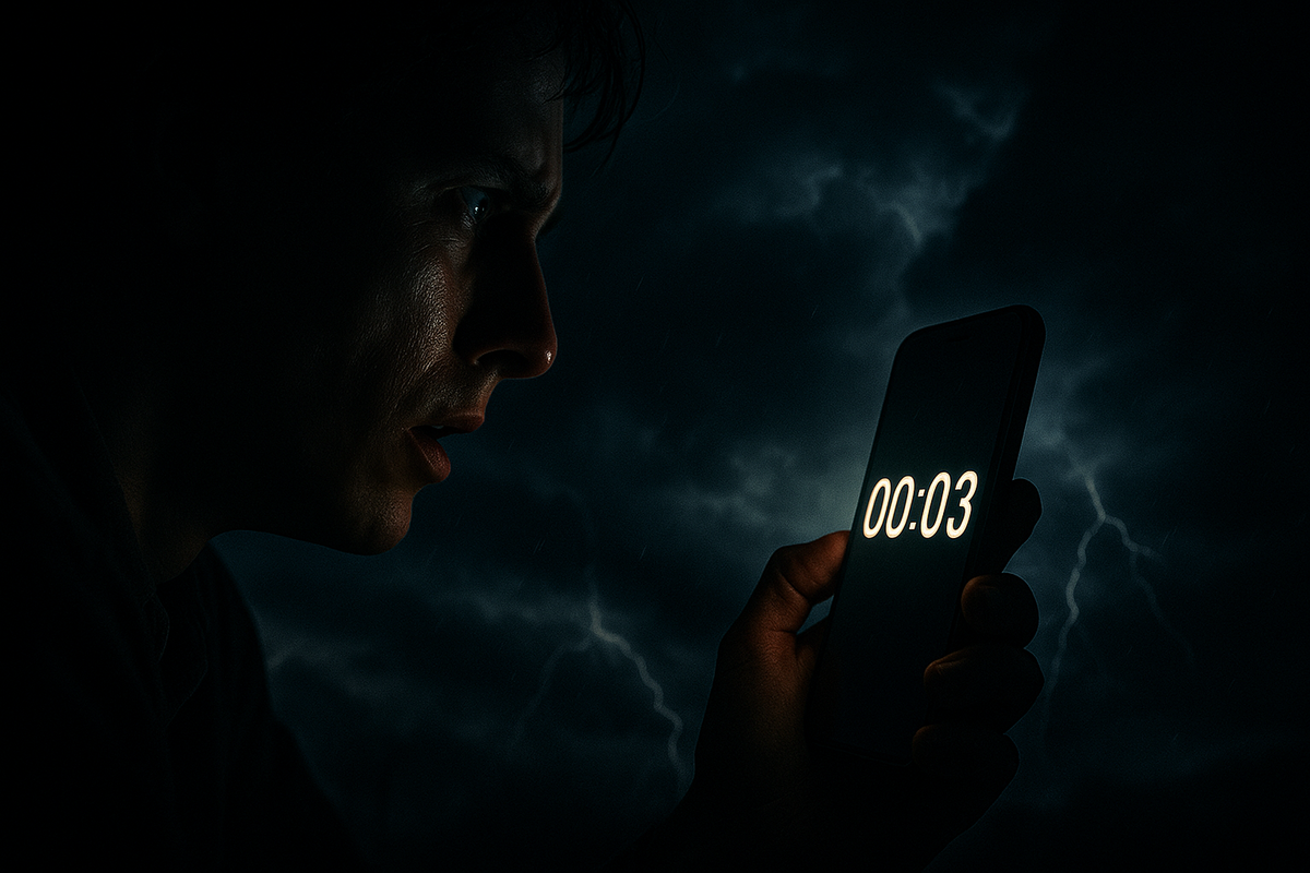 Dramatic stormy night with lightning—man staring at glowing phone countdown, emotional anticipation, electrifying tension of sudden iPhone stock drop