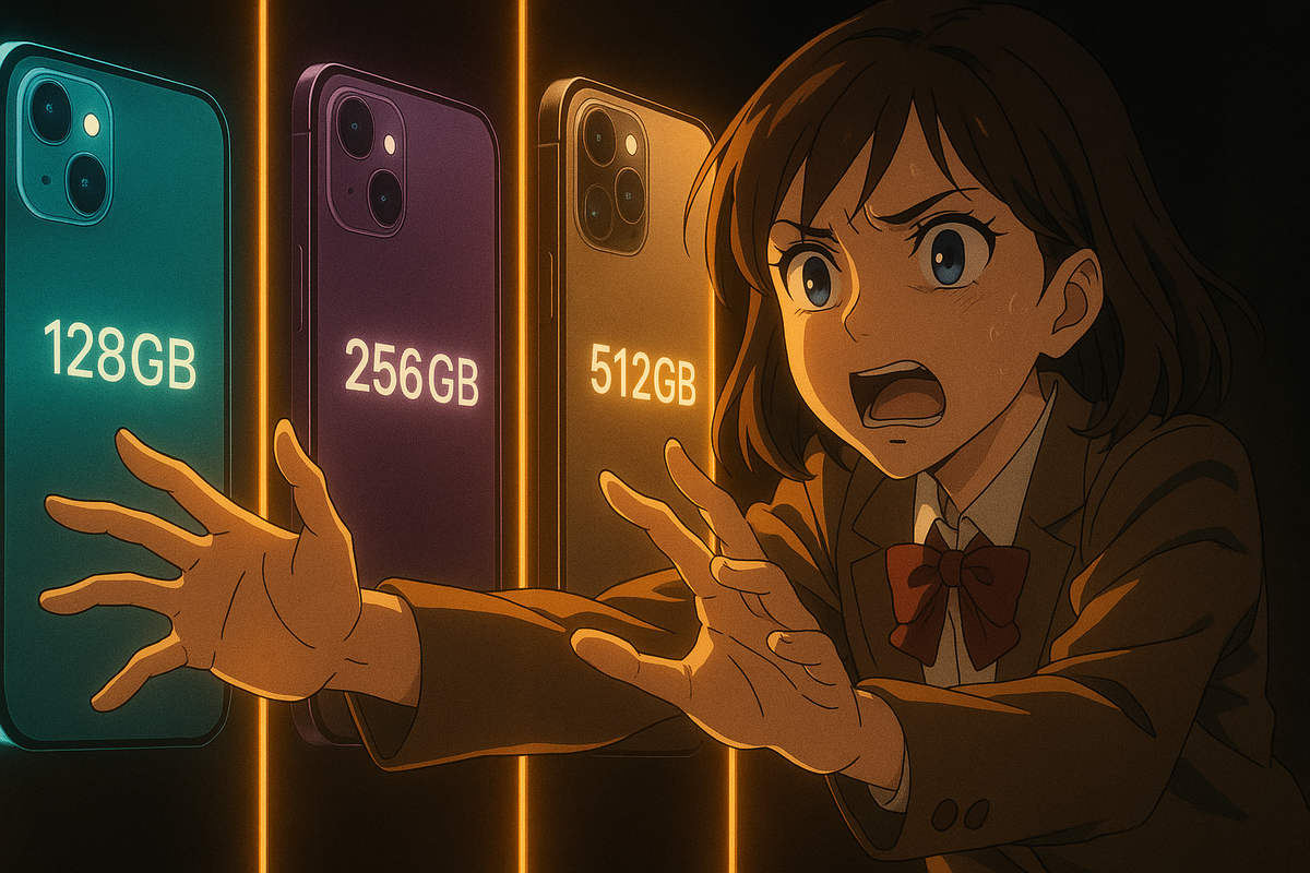 Anime-style girl desperately reaching for glowing iPhones—emotional urgency, storage size battle 128GB vs 256GB vs 512GB, scarcity thrill